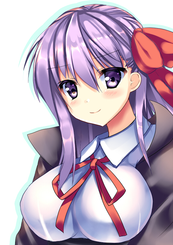 1girl bangs bb_(fate)_(all) bb_(fate/extra_ccc) black_jacket breasts commentary_request eyebrows_visible_through_hair face fate/extra fate/extra_ccc fate/grand_order fate_(series) hair_between_eyes hair_ribbon jacket large_breasts long_hair purple_hair red_ribbon ribbon ryokushiki_(midori-ya) shiny shiny_hair shirt sidelocks simple_background solo violet_eyes white_shirt