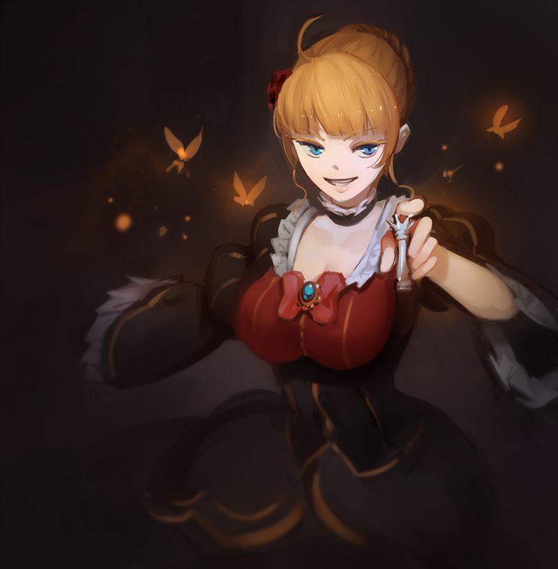 1girl 3four beatrice blonde_hair blue_eyes breasts bug butterfly chess_piece cleavage commentary dress english_commentary insect large_breasts looking_at_viewer short_hair solo umineko_no_naku_koro_ni