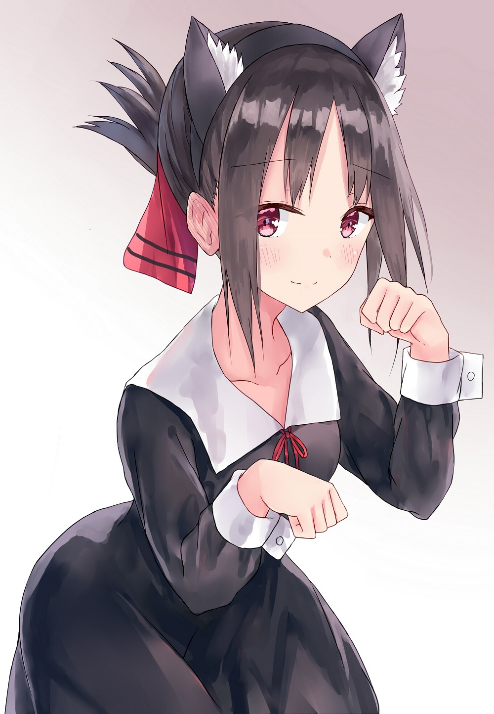 1girl akaya_(pixiv20545353) animal_ear_fluff animal_ears bangs black_dress black_hair black_hairband brown_background cat_ears collarbone collared_dress commentary_request dress eyebrows_visible_through_hair fake_animal_ears folded_ponytail gradient gradient_background hair_ribbon hairband hands_up highres kaguya-sama_wa_kokurasetai_~tensai-tachi_no_renai_zunousen~ leaning_forward long_sleeves neck_ribbon paw_pose red_eyes red_ribbon ribbon shinomiya_kaguya sidelocks solo white_background