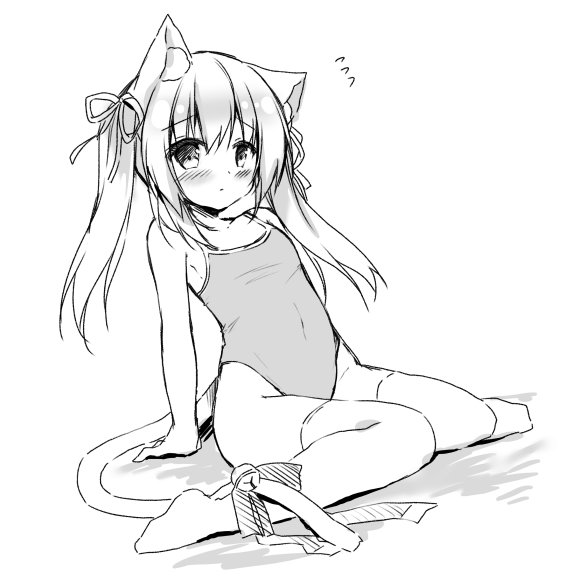 1girl animal_ear_fluff animal_ears arm_support azur_lane bell blush cat_ears cat_tail jingle_bell kisaragi_(azur_lane) knees_together_feet_apart leaning_back long_hair monochrome one-piece_swimsuit purinko ribbon school_swimsuit side_ponytail simple_background sitting sketch solo swimsuit tail tail_ornament tail_ribbon thigh-highs white_background