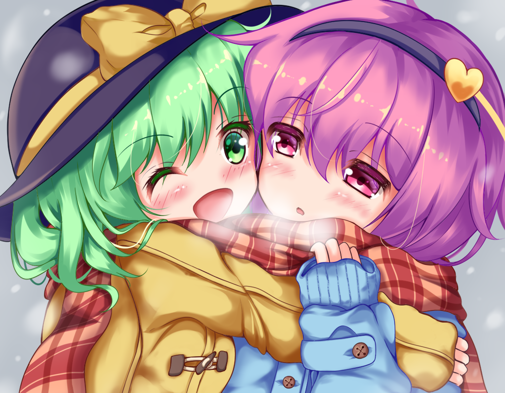 2girls :o ;d arm_up black_hat blue_coat blush breath cheek-to-cheek cold duffel_coat eyebrows_visible_through_hair green_eyes green_hair grey_background hair_between_eyes hairband hat hat_ribbon heart holding_scarf hug komeiji_koishi komeiji_satori looking_at_another multiple_girls one_eye_closed open_mouth pink_eyes plaid plaid_scarf purple_hair ribbon scarf shared_scarf short_hair siblings sisters sleeves_past_wrists smile touhou unory upper_body winter yellow_coat