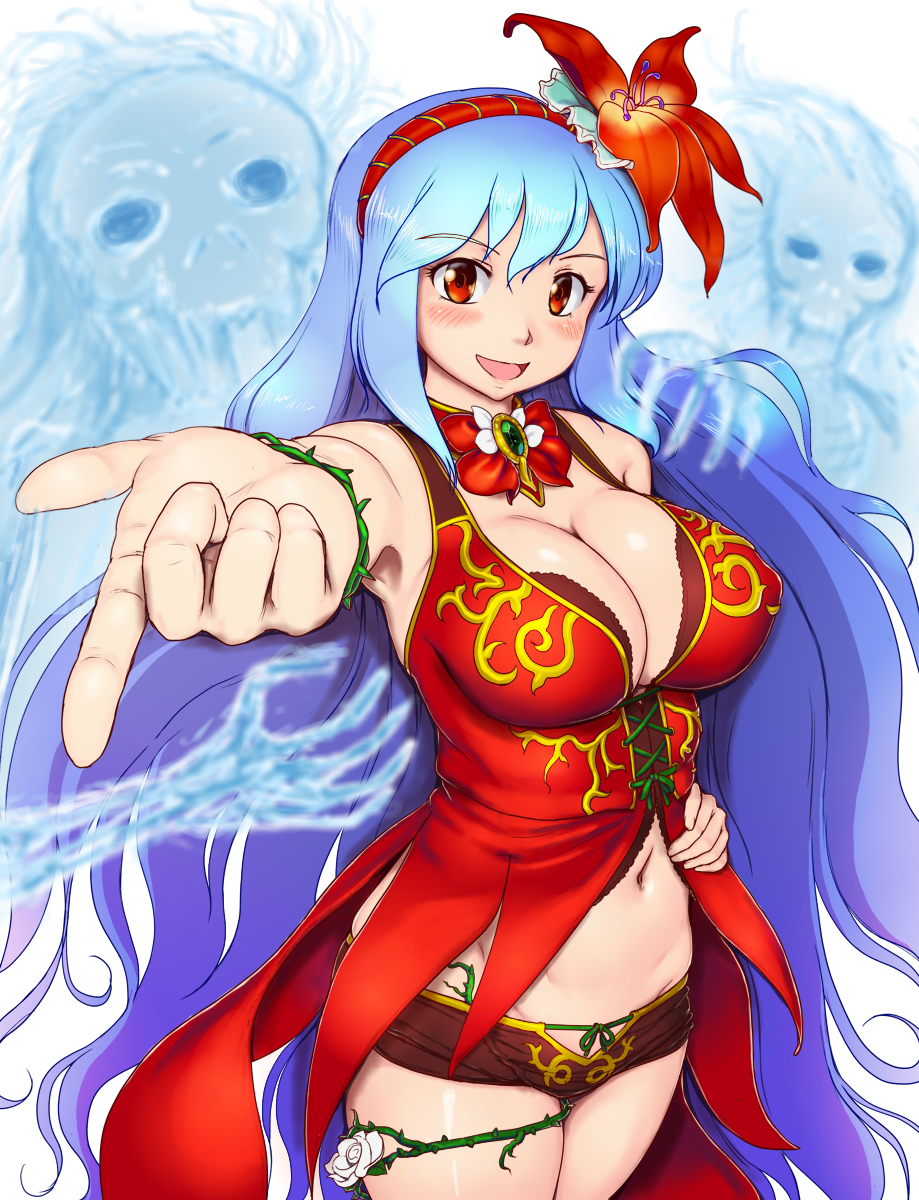 1girl blue_hair blush bracelet breasts cleavage detached_collar flower ghost hair_flower hair_ornament hairband highres jewelry large_breasts long_hair looking_at_viewer midriff navel open_mouth orizen outstretched_arm red_eyes rocbouquet_(saga) romancing_saga_2 rose saga short_shorts shorts solo_focus very_long_hair wavy_hair white_flower white_rose