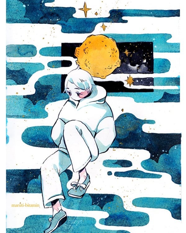 1girl aqua_footwear artist_name crater full_body hood hood_down hoodie long_sleeves maruti_bitamin moon no_mouth original pants rectangle shoes short_hair solo star traditional_media watercolor_(medium) white_hair white_hoodie white_pants yellow_moon