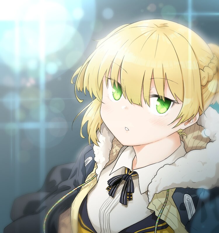 1girl alternate_costume artist_request blonde_hair braid coat eyebrows_visible_through_hair french_braid fur_collar girls_frontline green_eyes looking_at_viewer neck_ribbon ribbon solo welrod_mk2_(girls_frontline)