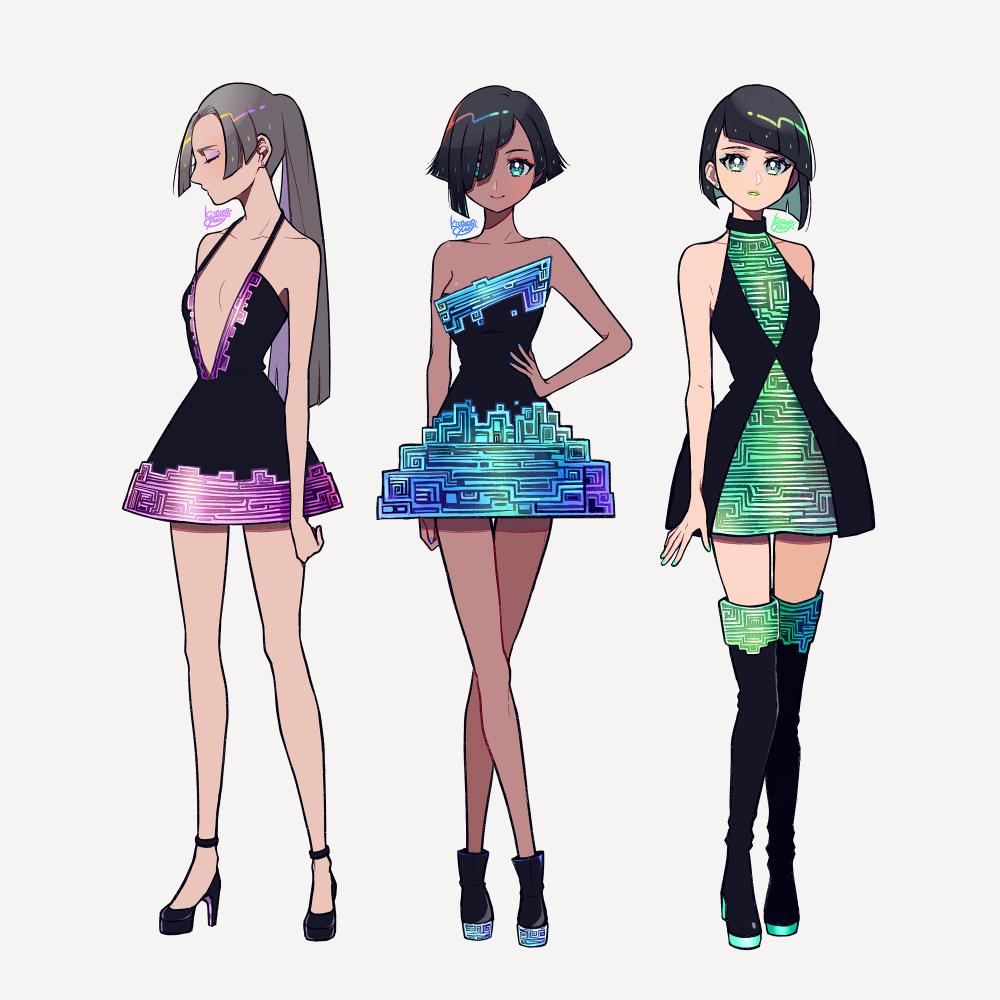 3girls bangs bare_shoulders bismuth black_footwear black_hair black_legwear blue_dress blunt_bangs boots breasts closed_eyes collarbone dark_skin dress full_body green_dress grey_hair hair_over_one_eye halterneck hand_on_hip high_heels kisaragi_yuu_(fallen_sky) long_hair looking_at_viewer multicolored multicolored_clothes multicolored_dress multiple_girls original ponytail profile purple_dress shiny shiny_hair shoes short_hair signature simple_background small_breasts smile standing thigh-highs thigh_boots white_background