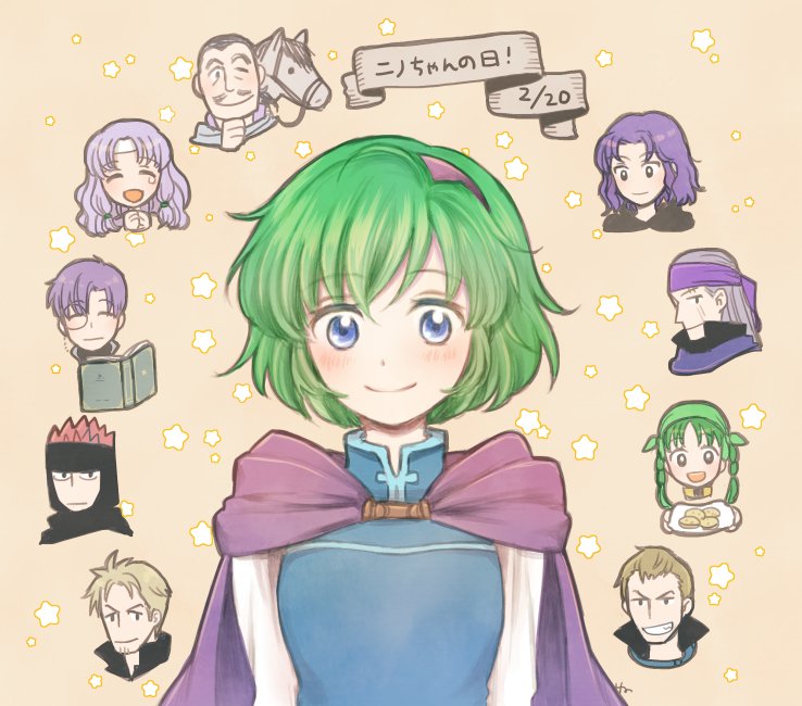 3girls 6+boys bandanna black_hair blonde_hair blue_eyes book brothers brown_hair canas cape closed_eyes closed_mouth erk_(fire_emblem) facial_hair fire_emblem fire_emblem:_rekka_no_ken florina green_hair grin hairband headband hira_(otemoto84) horse jaffar_(fire_emblem) legault linus_(fire_emblem) lloyd_(fire_emblem) long_hair merlinus_(fire_emblem) monocle multiple_boys multiple_girls mustache nino_(fire_emblem) nintendo one_eye_closed open_book open_mouth purple_hair rebecca_(fire_emblem) short_hair siblings smile star upper_body