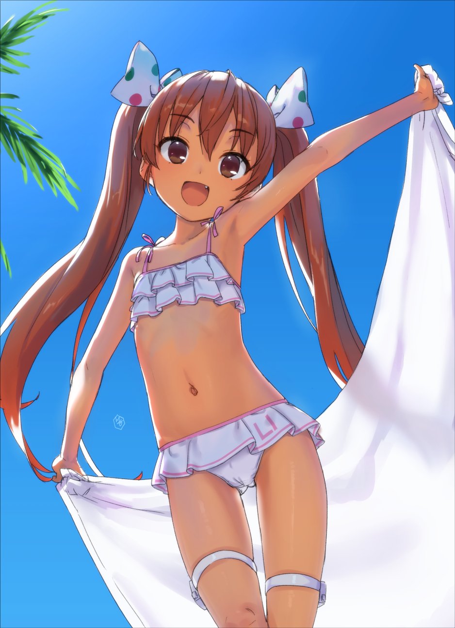 1girl ass_visible_through_thighs bangs bare_shoulders bikini blue_sky blush bow brown_eyes brown_hair collarbone commentary_request day eyebrows_visible_through_hair fang frilled_bikini frills hair_between_eyes hair_bow hair_ornament hair_ribbon highres holding holding_towel kantai_collection kawakami_rokkaku libeccio_(kantai_collection) long_hair looking_at_viewer navel open_mouth outdoors polka_dot polka_dot_bow ribbon sky smile solo standing swimsuit tan towel tree twintails very_long_hair