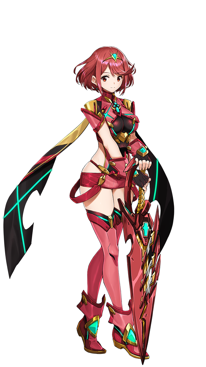 1girl armor bangs black_gloves breasts cleavage closed_mouth earrings eyebrows_visible_through_hair female fingerless_gloves floating_hair framed_breasts full_body gem gloves hair_ornament headpiece highres holding holding_sword holding_weapon jewelry large_breasts leotard light_smile looking_at_viewer matching_hair/eyes neon_trim nintendo official_art piercing planted_sword planted_weapon pose pyra_(xenoblade) red_eyes red_footwear red_legwear red_shorts redhead revealing_clothes saitou_masatsugu shiny shiny_clothes shiny_hair shoes short_hair short_shorts short_sleeves shorts side_cutout sidelocks simple_background skin_tight skindentation smile solo standing swept_bangs sword thigh-highs tiara transparent_background turtleneck underbust vambraces weapon xenoblade_(series) xenoblade_2