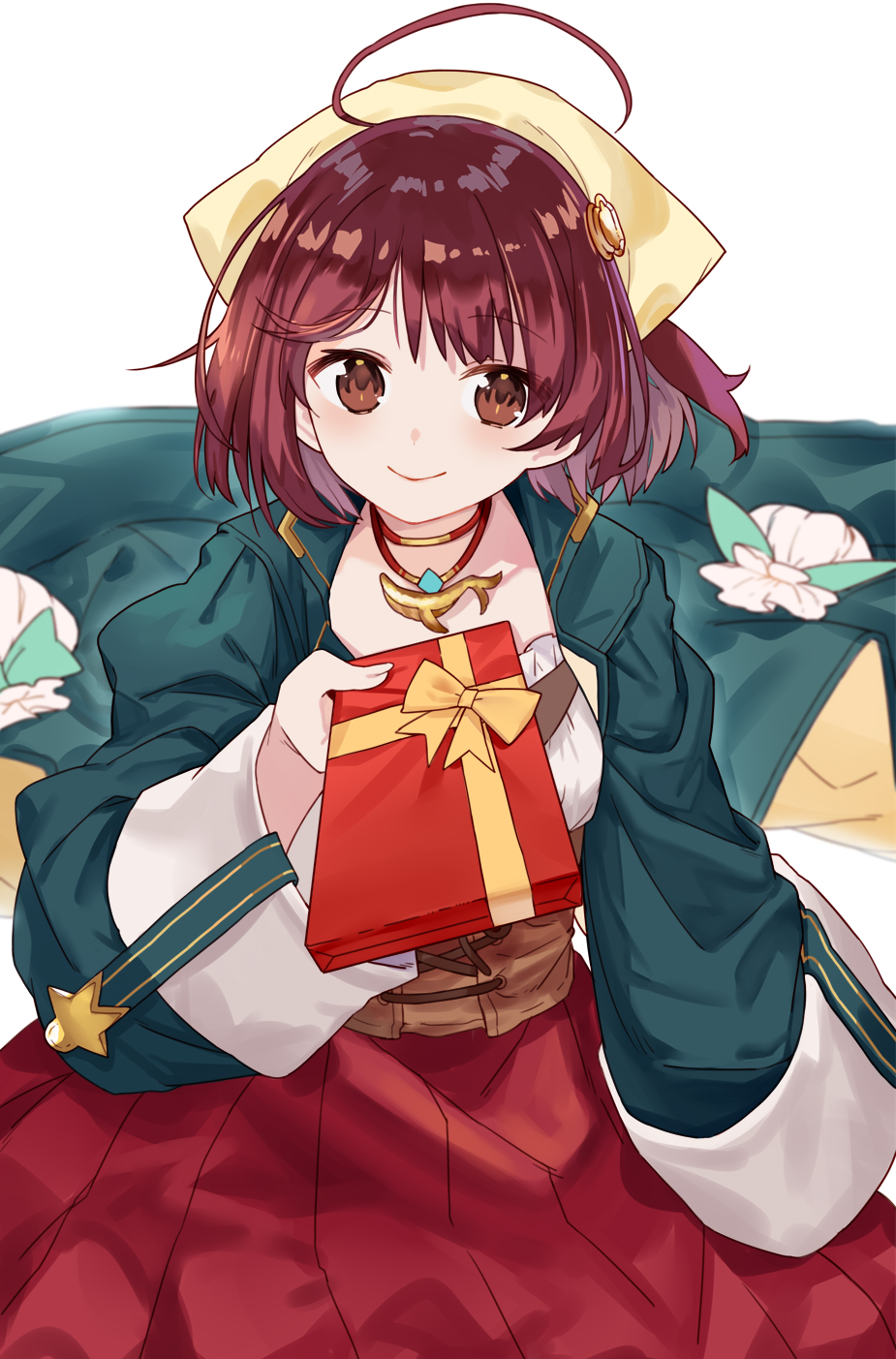 1girl atelier_(series) atelier_sophie bow box breasts brown_corset brown_eyes brown_hair coat commentary corset eyebrows_visible_through_hair green_coat hair_ornament hairclip highres holding holding_box jewelry long_sleeves looking_at_viewer necklace pleated_skirt red_skirt ribbon ryuuno6 short_hair skirt smile solo sophie_neuenmuller valentine whale wide_sleeves yellow_ribbon