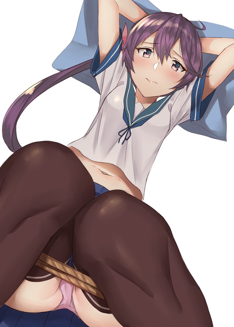 1girl akebono_(kantai_collection) bdsm black_legwear blue_skirt blush bondage bound closed_mouth commentary_request eyebrows_visible_through_hair flower hair_between_eyes hair_flower hair_ornament kantai_collection long_hair looking_at_viewer lying navel on_back pallad panties pink_panties pleated_skirt purple_hair school_uniform serafuku short_sleeves side_ponytail simple_background skirt solo thigh-highs twitter_username underwear very_long_hair violet_eyes white_background