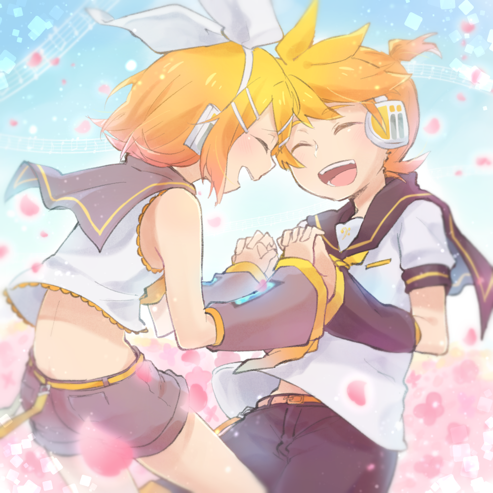 1boy 1girl back bare_shoulders bass_clef belt belt_buckle blonde_hair blush bow buckle cherry_blossoms closed_eyes commentary_request cowboy_shot crop_top detached_sleeves eighth_note forehead-to-forehead hair_bow hair_ornament hairclip hand_holding headphones interlocked_fingers kagamine_len kagamine_rin leaning_forward musical_note necktie petals ponytail quarter_note reki_(arequa) sailor_collar short_hair short_sleeves shorts sky smile staff_(music) vocaloid white_bow yellow_neckwear