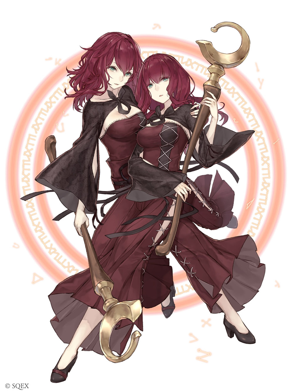 2girls angelic_alphabet cross-laced_clothes devola eyebrows_visible_through_hair full_body green_eyes highres holding holding_staff ji_no looking_at_viewer magic_circle medium_hair messy_hair multiple_girls nier nier_(series) official_art parted_lips popola redhead siblings sinoalice sisters square_enix staff twins white_background wide_sleeves