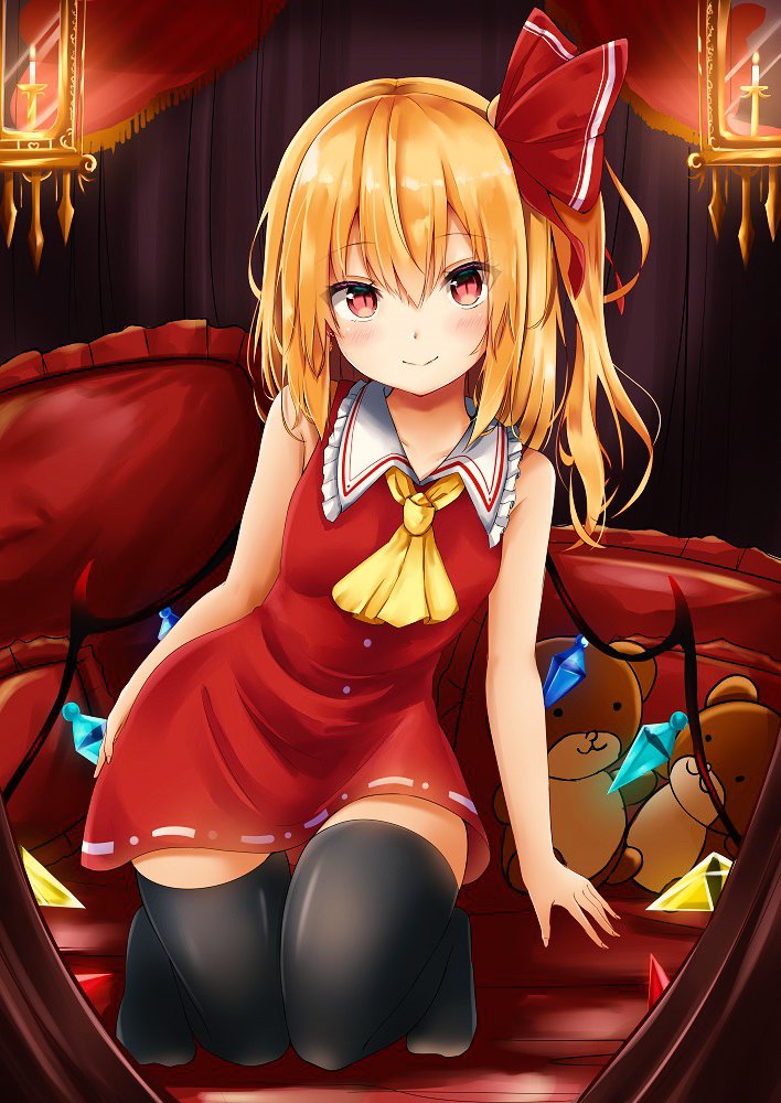 1girl adapted_costume ascot bangs bare_arms bare_shoulders black_legwear blonde_hair blush breasts candle commentary_request crystal curtains dress eyebrows_visible_through_hair flandre_scarlet frilled_shirt_collar frills full_body hair_between_eyes hair_ribbon indoors long_hair looking_at_viewer no_hat no_headwear no_shoes one_side_up pillow red_dress red_eyes red_ribbon renka_(cloudsaikou) ribbon short_dress sitting sleeveless sleeveless_dress small_breasts smile solo stuffed_animal stuffed_toy teddy_bear thigh-highs thighs touhou wings yellow_neckwear zettai_ryouiki