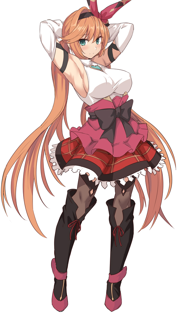 1girl aqua_eyes armpits arms_behind_head bangs black_bow black_footwear black_legwear blush boots bow breasts brown_hair clarisse_(granblue_fantasy) commentary_request detached_sleeves eyebrows_visible_through_hair granblue_fantasy hair_ribbon heart large_breasts long_hair looking_at_viewer orange_hair plaid plaid_skirt ponytail red_ribbon ribbon shirt shiseki_hirame simple_background skirt solo standing thigh-highs very_long_hair white_background white_shirt white_sleeves