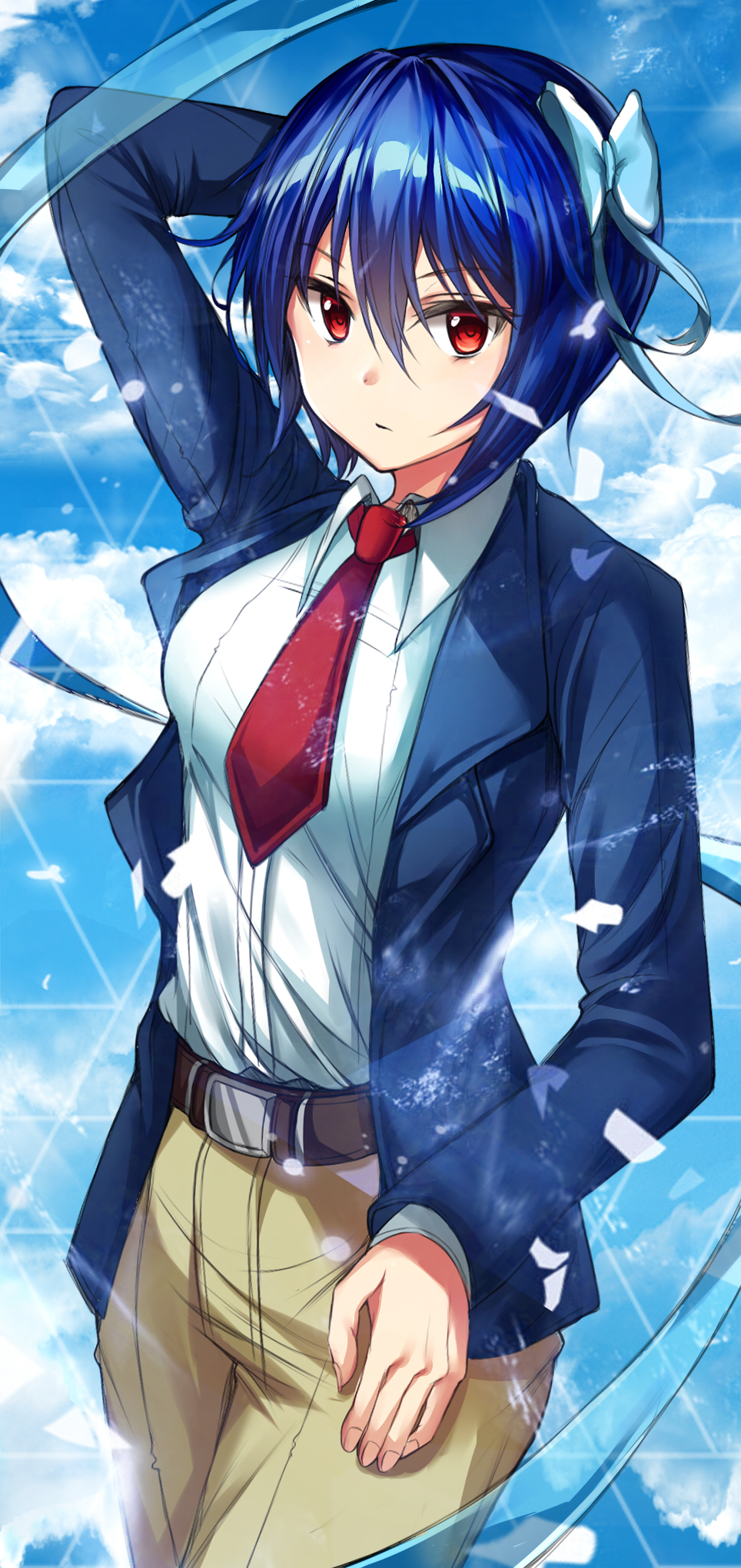 1girl beige_pants belt blue_hair blue_jacket bow breasts brown_belt clouds commentary_request cowboy_shot crossdressinging eyebrows_visible_through_hair hair_between_eyes hair_bow highres hykie jacket large_breasts long_sleeves looking_at_viewer necktie nisekoi pants red_eyes red_neckwear school_uniform shirt short_hair sky solo standing tsugumi_seishirou