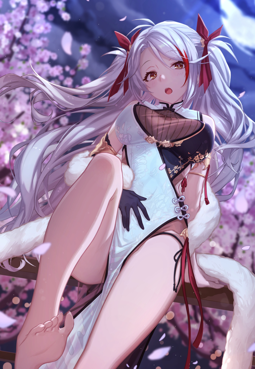 1girl :o azur_lane backlighting bare_legs bare_shoulders barefoot black_gloves black_panties blurry blush breasts brown_eyes cherry_blossoms china_dress chinese_clothes clouds depth_of_field dress feather_boa floating_hair floral_print full_moon gloves hair_ribbon head_tilt highres knee_up large_breasts long_hair looking_at_viewer m-ya moon multicolored_hair night night_sky open_mouth panties pelvic_curtain petals plant prinz_eugen_(azur_lane) red_ribbon redhead ribbon side-tie_panties sky sleeveless sleeveless_dress solo streaked_hair thighs two_side_up underwear very_long_hair white_dress white_hair