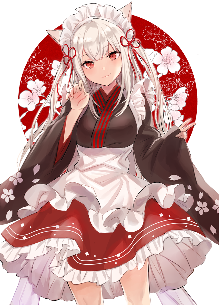 1girl :3 animal_ears apron black_shirt breasts cat_ears closed_mouth cowboy_shot floral_print flower frills hair_ribbon hand_up head_tilt long_hair long_sleeves looking_at_viewer maid maid_headdress original pinching_sleeves red_background red_eyes red_skirt ribbon shirt silver_hair skirt smile solo standing two-tone_background two_side_up v white_apron white_background white_flower wide_sleeves yuzuki_karu