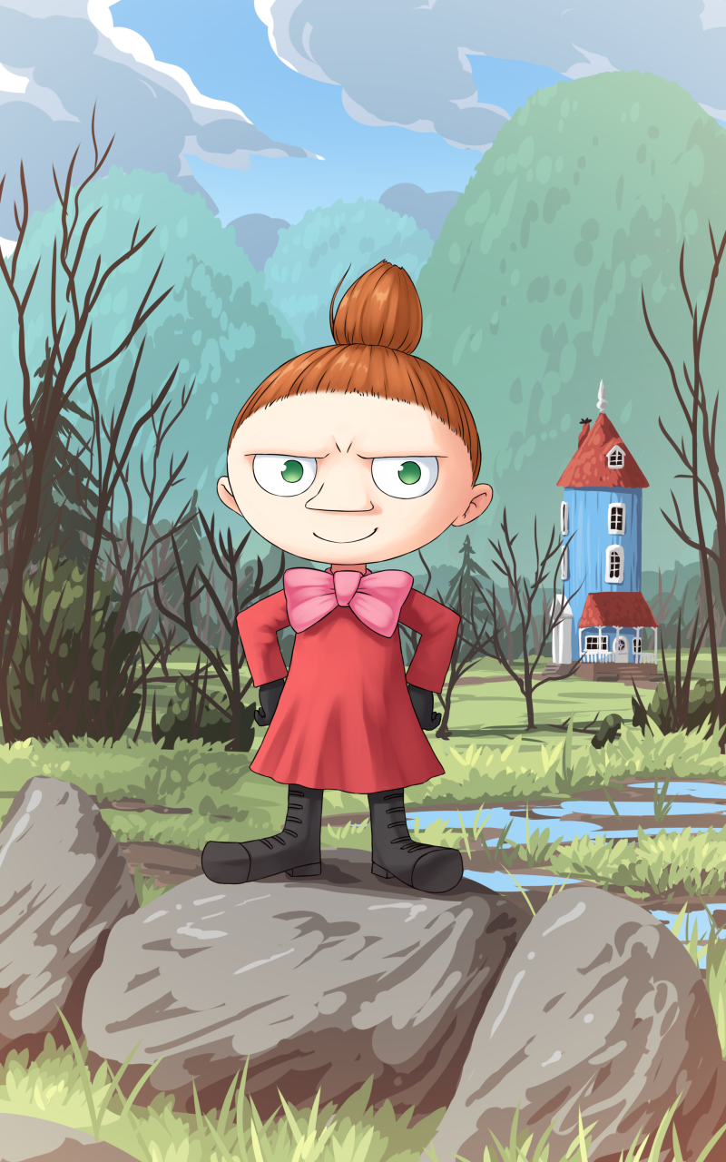 1girl aposine boots bow brown_hair clouds day grass green_eyes hands_on_hips highres hill little_my moomin outdoors rock scenery short_hair sky smile standing topknot tree