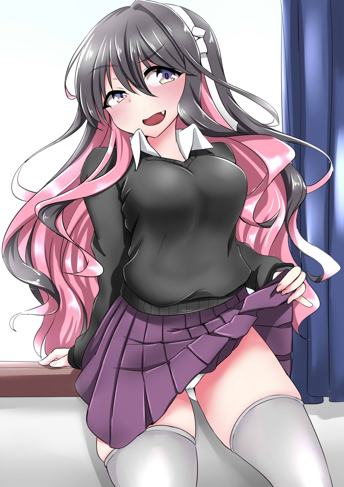 1girl alternate_costume arm_support black_hair black_sweater blue_eyes blush breasts commentary_request cowboy_shot curtains fang fingernails gradient_eyes hair_ribbon highres indoors kantai_collection kashiwamochi_(kashiwakashiwa) large_breasts long_hair looking_at_viewer multicolored multicolored_eyes multicolored_hair naganami_(kantai_collection) naughty_face open_mouth panties pink_hair pleated_skirt purple_skirt remodel_(kantai_collection) ribbon school_uniform shirt skindentation skirt skirt_lift solo sweater thigh-highs thighs two-tone_hair underwear very_long_hair wavy_hair white_panties white_ribbon white_shirt window windowsill yellow_eyes zettai_ryouiki
