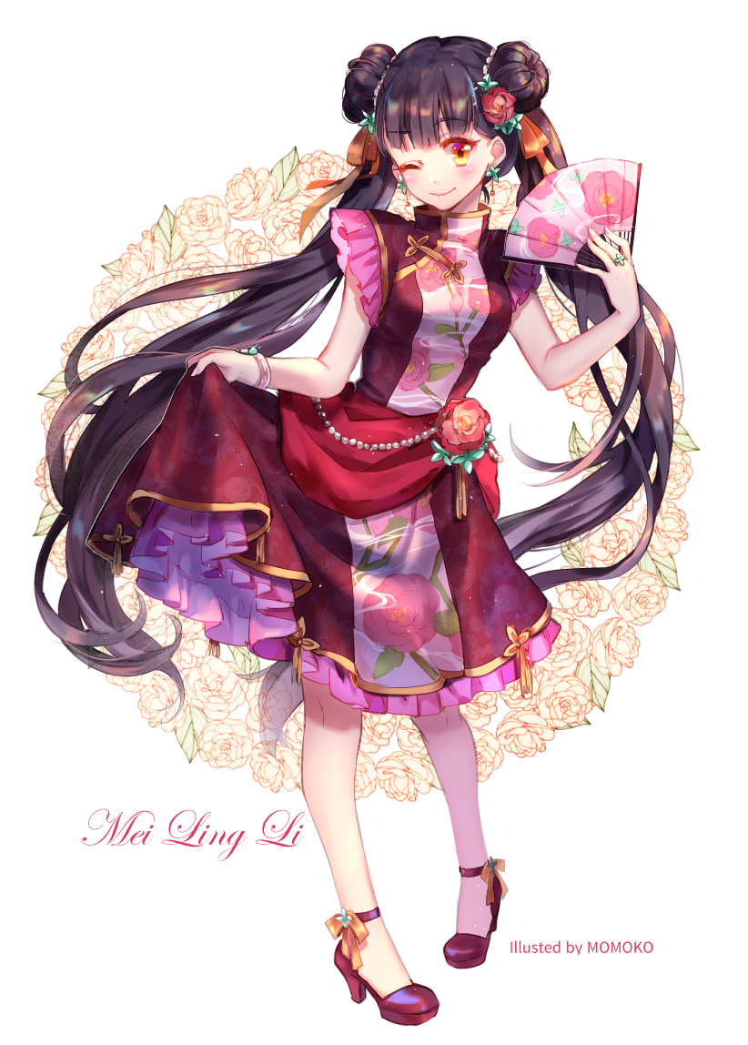 1girl ;) artist_name bangs black_hair blunt_bangs card_captor_sakura double_bun dress eyebrows_visible_through_hair fan floating_hair flower hair_flower hair_ornament hair_ribbon high_heels holding holding_fan jewelry layered_dress li_meiling long_hair looking_at_viewer momoko_(momoko14) one_eye_closed orange_ribbon red_flower red_rose ribbon ring rose simple_background skirt_hold sleeveless sleeveless_dress smile solo standing very_long_hair white_background yellow_eyes