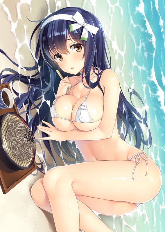 1girl ass bangs barley_tea beach bikini blue_hair blush breasts brown_eyes chopsticks collarbone cup food hair_ribbon hairband large_breasts long_hair looking_at_viewer lying navel noodles ocean open_mouth original ribbon side-tie_bikini soba solo swimsuit tea thighs white_bikini yuuki_hagure