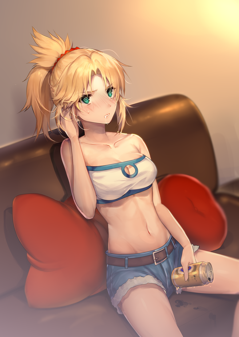 1girl @_@ bangs bare_arms bare_shoulders beer_can belt belt_buckle blonde_hair blue_shorts blush breasts buckle can cleavage cleavage_cutout collarbone commentary_request couch cutoffs denim denim_shorts drooling drunk eyebrows_visible_through_hair fate/grand_order fate_(series) green_eyes hair_ornament hair_scrunchie hand_in_hair holding holding_can leaning_forward long_hair looking_at_viewer medium_breasts mogullaz mordred_(fate) mordred_(fate)_(all) navel nose_blush on_couch parted_bangs parted_lips pillow ponytail scrunchie shorts sitting solo spread_legs stomach strapless sweat tubetop v-shaped_eyebrows