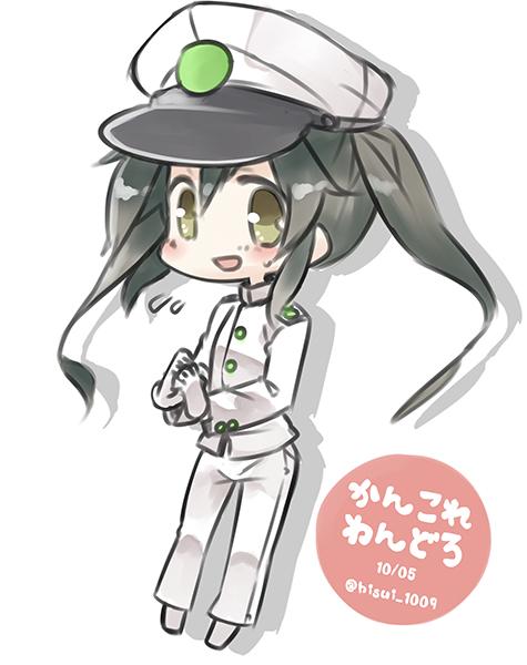 female_admiral_(kantai_collection) green_hair hat kantai_collection long_hair military military_uniform naval_uniform peaked_cap simple_background translated twintails uniform zuikaku_(kantai_collection)