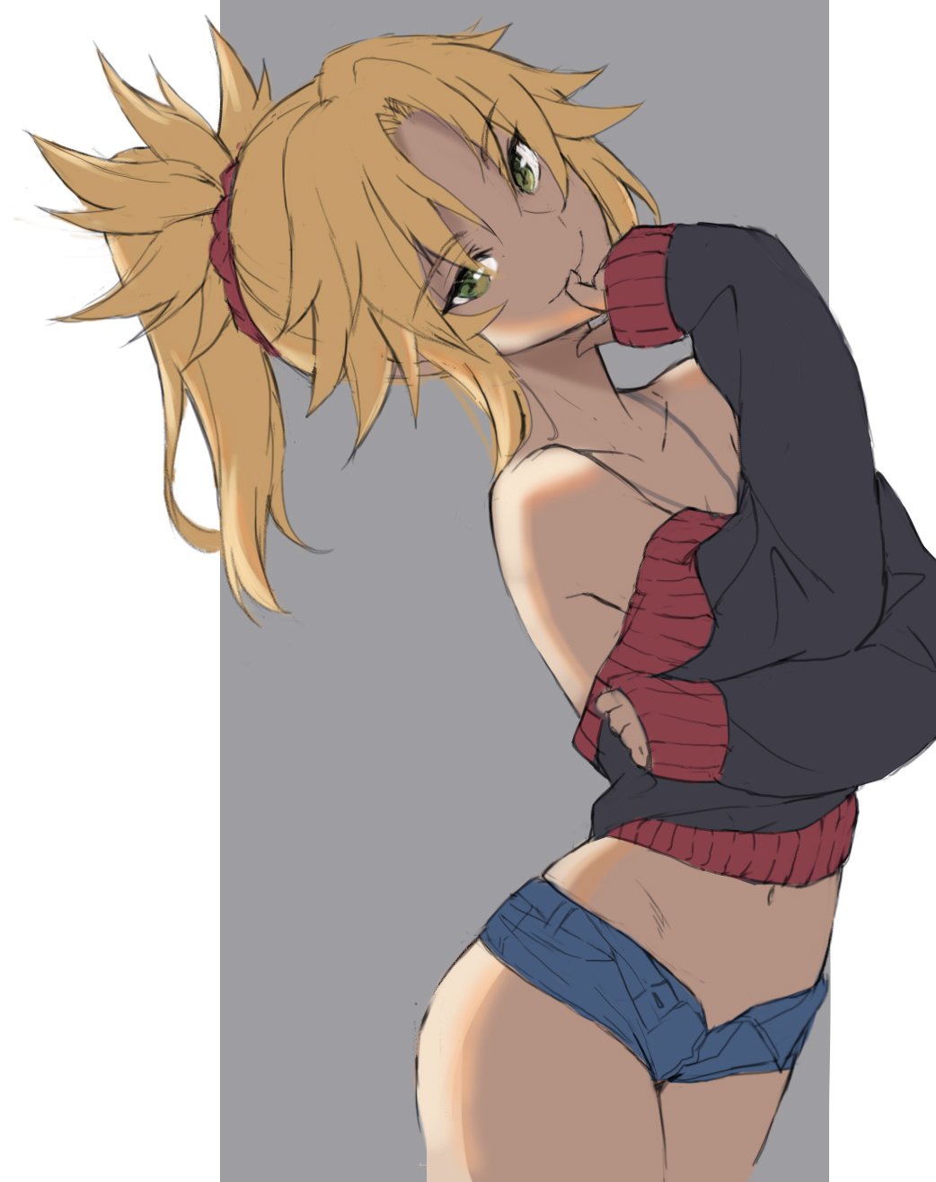 1girl blonde_hair braid commentary_request cowboy_shot cutoffs denim denim_shorts eyebrows_visible_through_hair fate/grand_order fate_(series) french_braid green_eyes grey_background hair_ornament hair_scrunchie highres mordred_(fate) mordred_(fate)_(all) open_fly red_scrunchie scrunchie shorts smile solo sweater sweater_removed tonee