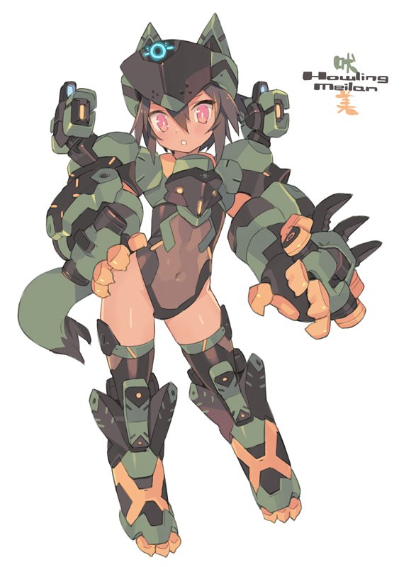 1girl :o bangs blade_(galaxist) blush brown_hair brown_legwear commentary_request copyright_request covered_navel dark_skin eyebrows_visible_through_hair full_body hair_between_eyes hand_on_hip mecha_musume parted_lips red_eyes simple_background solo white_background