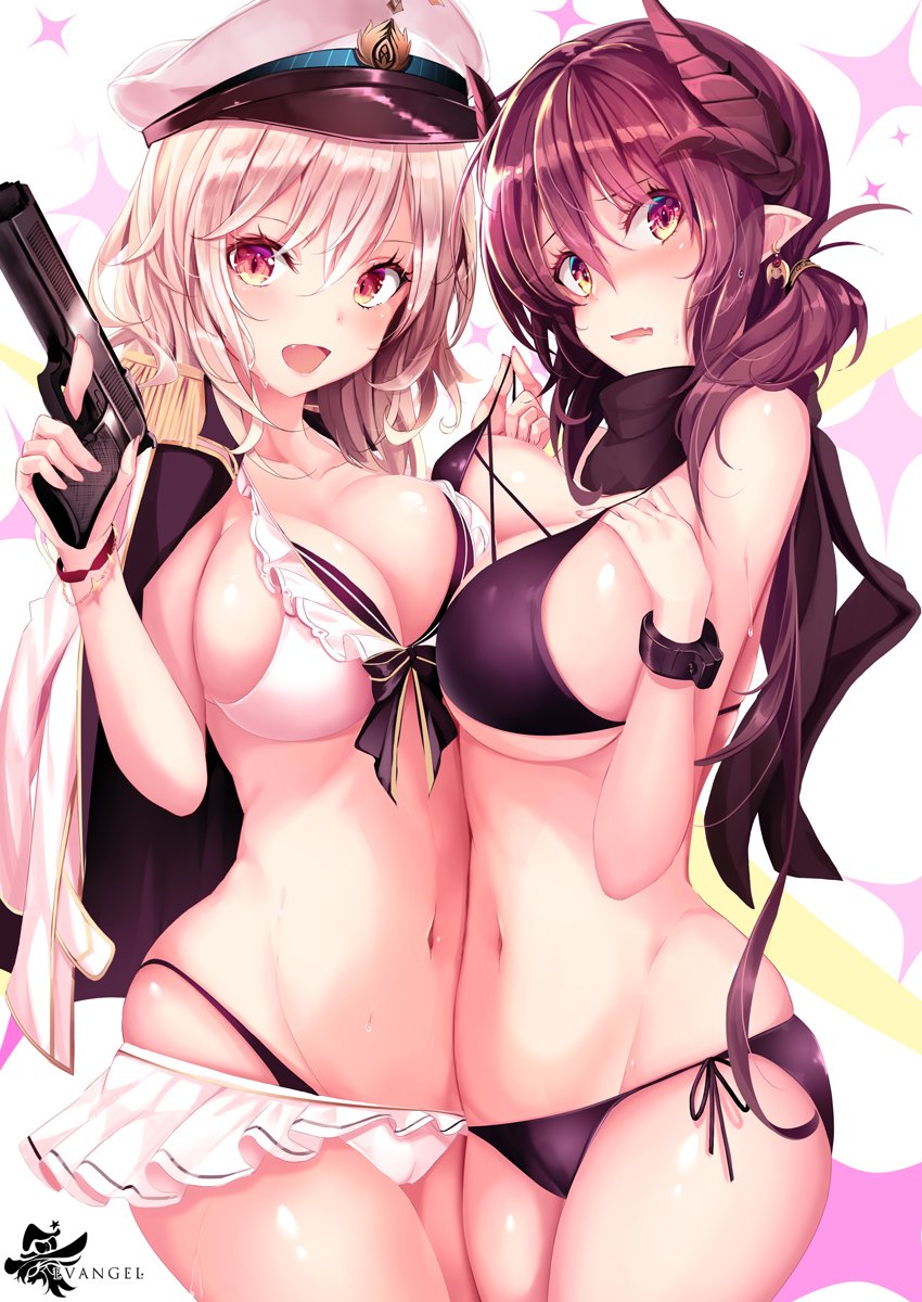 2girls artist_logo asymmetrical_docking bikini bikini_lift bikini_skirt black_bikini black_shirt blush bow bow_bra bra breast_press breasts brown_eyes brown_hair commentary cowboy_shot earrings english_commentary epaulettes eyebrows_visible_through_hair fang frilled_bikini frills from_side frown groin gun hair_tie hand_on_own_chest handgun haruka_natsuki hat highres holding horns jacket jacket_on_shoulders jewelry large_breasts lifted_by_another lips long_hair looking_at_viewer low_twintails military military_jacket military_uniform multiple_girls navel open_mouth original peaked_cap red_eyes shirt side-tie_bikini silver_hair skindentation smile sparkle standing sweat swimsuit thighs twintails underwear uniform weapon white_bikini white_hat white_jacket
