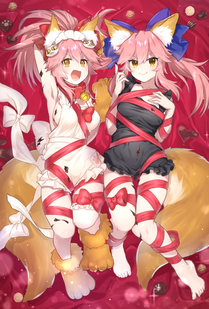 2girls animal_ear_fluff animal_ears apron bell bell_collar black_apron bound breasts cat_hair_ornament chocolate collar dual_persona fate/grand_order fate_(series) fox_ears fox_girl fox_tail gloves hair_ornament highres jingle_bell looking_at_viewer lying maid_headdress medium_breasts multiple_girls naked_apron on_back open_mouth paw_gloves paw_shoes paws pink_hair red_ribbon ribbon ribbon_bondage shoes single_thighhigh smile tail tamamo_(fate)_(all) tamamo_cat_(fate) tamamo_no_mae_(fate) thigh-highs tranquil-lizer white_apron white_legwear yellow_eyes