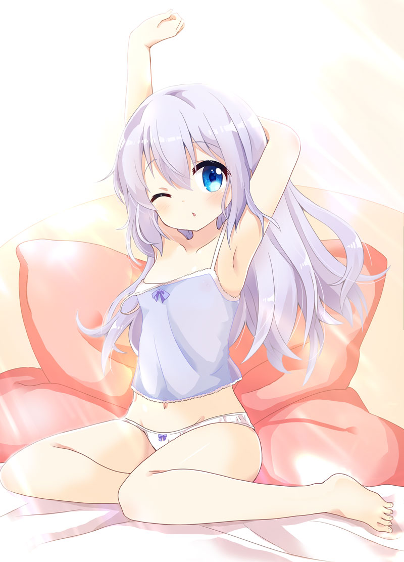 1girl armpits arms_up bangs bare_arms bare_legs bare_shoulders barefoot bed_sheet blue_camisole blue_eyes blue_hair blush bow bow_panties breasts camisole chestnut_mouth collarbone commentary_request eyebrows_visible_through_hair gochuumon_wa_usagi_desu_ka? hair_between_eyes head_tilt kafuu_chino looking_at_viewer massala navel panties parted_lips pillow small_breasts solo strap_slip stretch underwear underwear_only white_panties