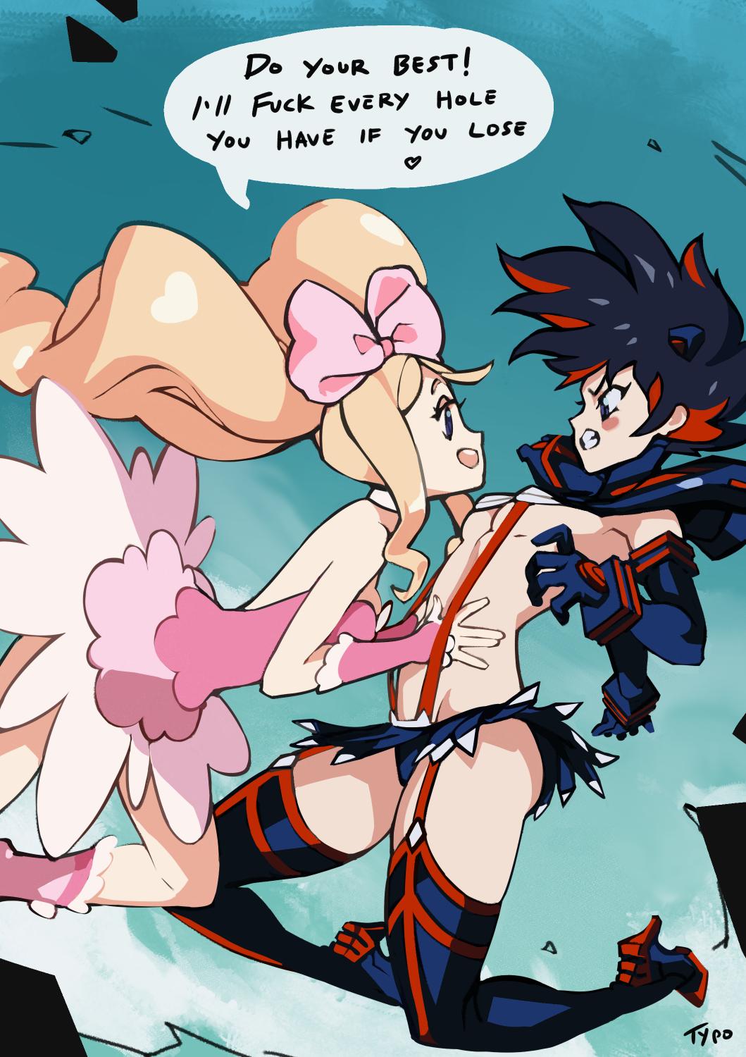 2girls bared_teeth big_hair black_hair blonde_hair blue_eyes blush_stickers boots bow breasts commentary dress drill_hair english_commentary english_text garter_straps hair_bow hairpods hands_on_another's_stomach harime_nui high_heel_boots high_heels highres kill_la_kill matoi_ryuuko medium_breasts microskirt midriff multicolored_hair multiple_girls pink_dress profanity rape_face redhead revealing_clothes short_hair sideways_mouth skirt strapless strapless_dress suspenders thigh-highs thigh_boots twin_drills twintails two-tone_hair typo_(requiemdusk) under_boob yuri