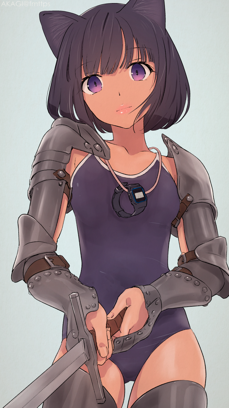 1girl akagi_(fmttps) animal_ears arm_armor armor bangs black_hair cat_ears contrapposto cowboy_shot eyebrows_visible_through_hair gauntlets grey_background head_tilt highres holding holding_sword holding_weapon looking_at_viewer original school_swimsuit short_hair shoulder_armor solo stopwatch swimsuit sword tan thigh-highs violet_eyes watch weapon