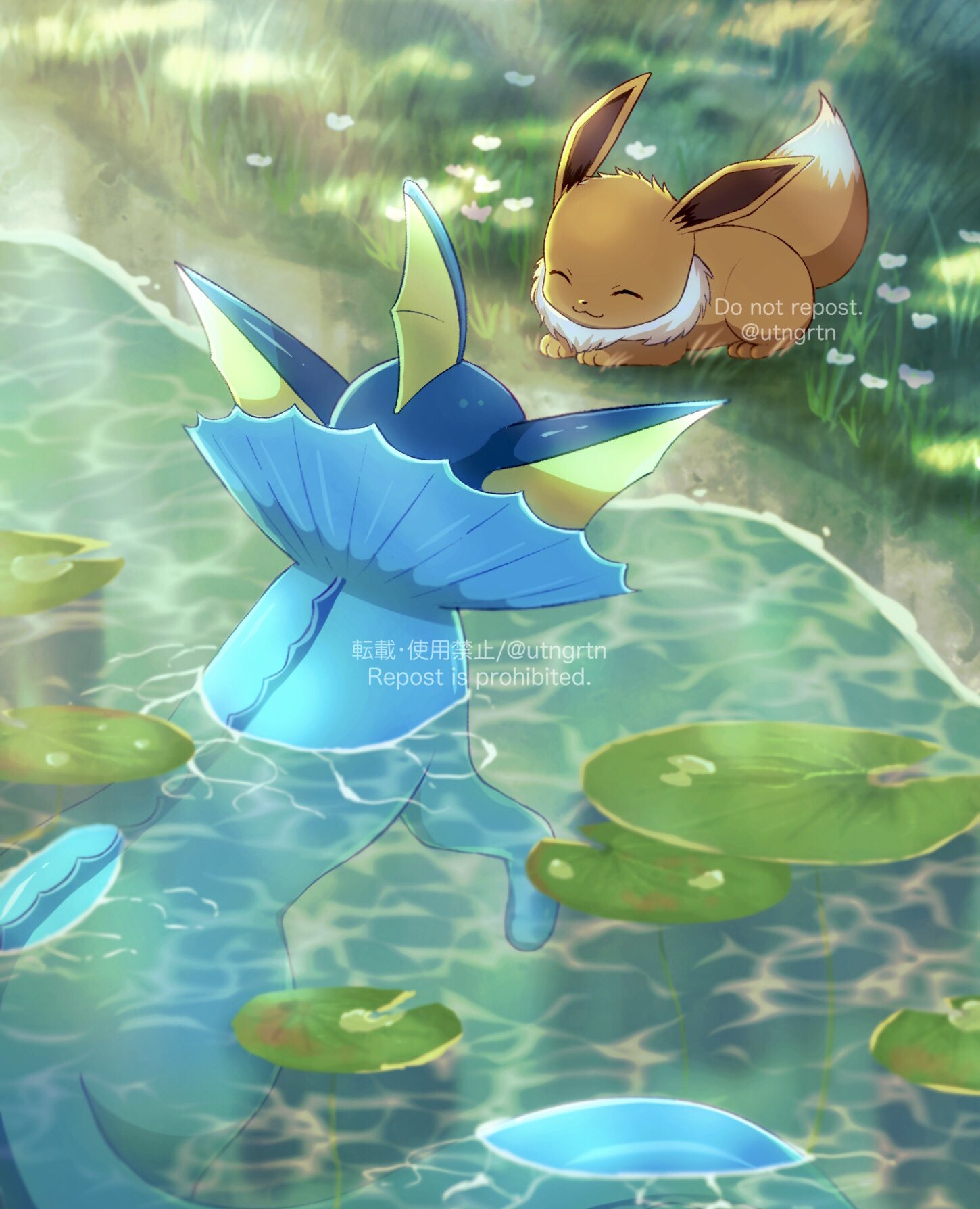 closed_eyes closed_mouth commentary_request eevee evolutionary_line fantasy floating fuyu_(utngrtn) grass highres lake looking_at_another no_humans outdoors pokemon pokemon_(creature) smile vaporeon water