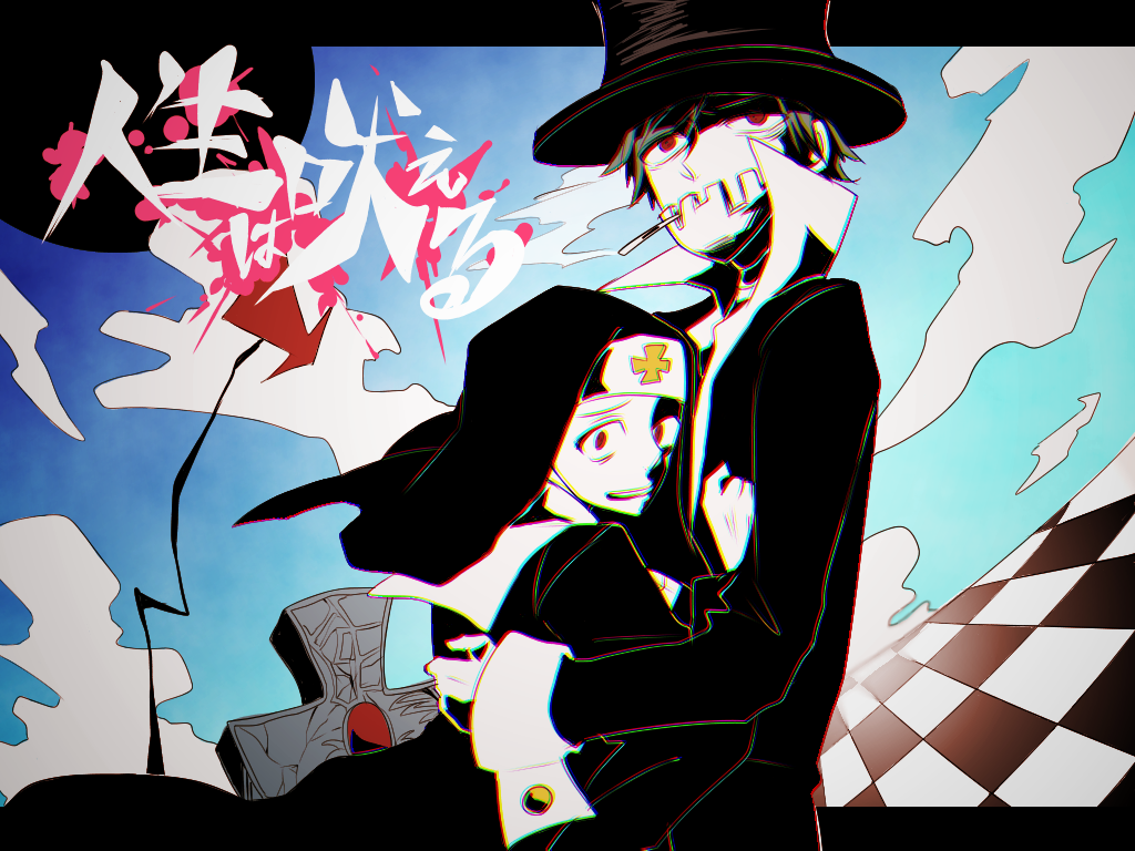 1boy 1girl checkered checkered_floor cigarette cross hat hug jinnsei nun open_mouth sho_ga75 source_request top_hat