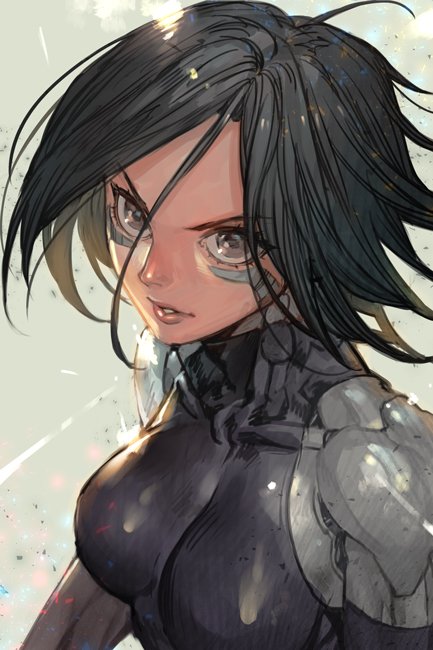 1girl bare_shoulders black_hair cyborg detached_sleeves eyebrows face facial_mark gally grey_eyes gunnm gunnm_last_order hankuri looking_at_viewer parted_lips short_hair solo