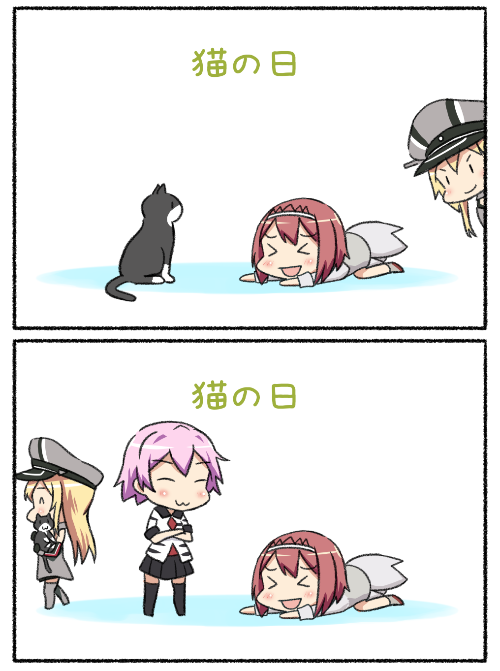 2koma 3girls ark_royal_(kantai_collection) bismarck_(kantai_collection) black_skirt blonde_hair bob_cut cat cat_day comic detached_sleeves hat highres holding holding_cat kantai_collection long_hair multiple_girls peaked_cap pink_hair redhead remodel_(kantai_collection) short_hair short_sleeves skirt tama_(kantai_collection) thigh-highs tiara translation_request tsukemon uniform unsinkable_sam