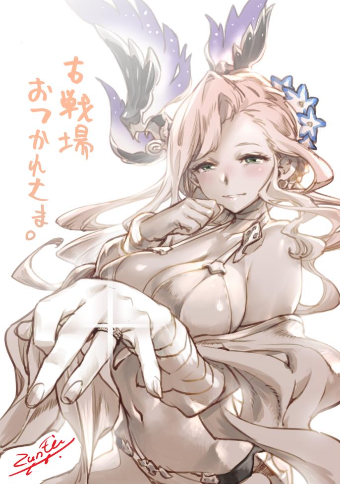 1girl bangs bikini blush breasts flower granblue_fantasy hair_flower hair_ornament head_wings jewelry large_breasts long_hair looking_at_viewer monochrome ring smile song_(granblue_fantasy) swimsuit wedding_ring zunta