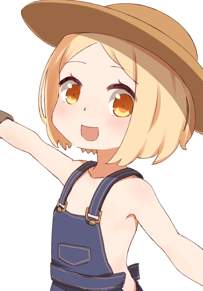 1girl :d bangs bare_shoulders blonde_hair blush brown_eyes brown_gloves brown_hat collarbone eyebrows_visible_through_hair fate/grand_order fate_(series) gloves hat i.u.y naked_overalls open_mouth outstretched_arms overalls parted_bangs paul_bunyan_(fate/grand_order) short_hair simple_background smile solo white_background