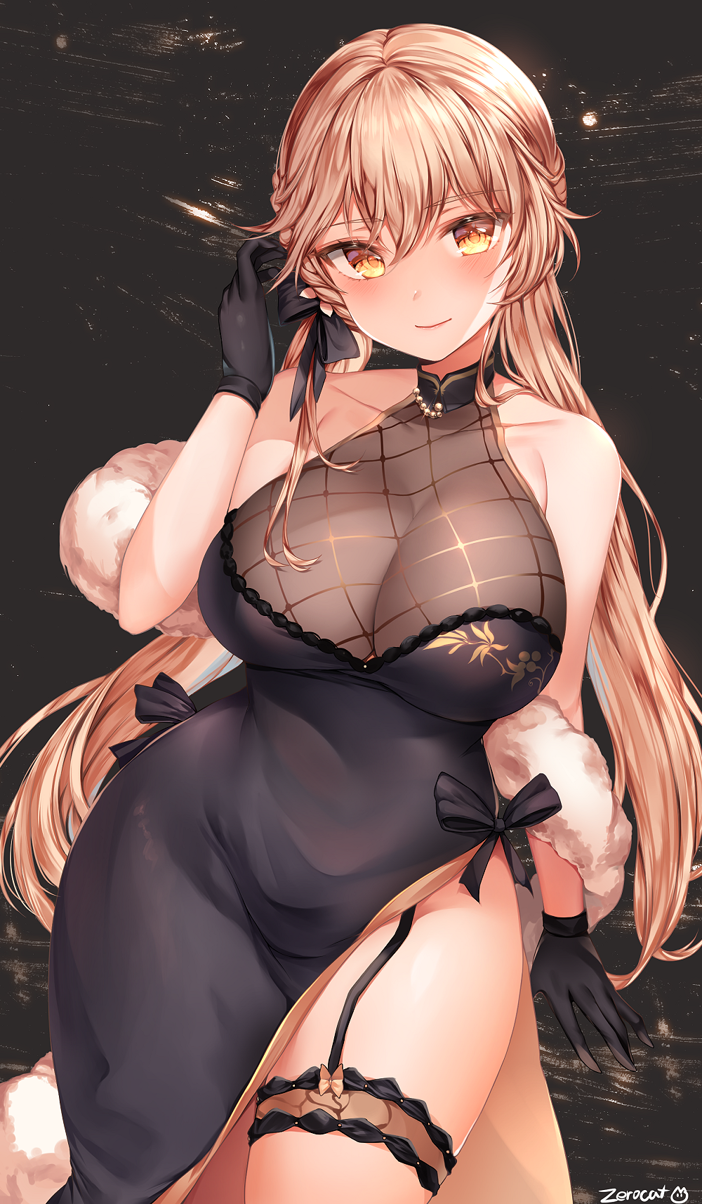 1girl artist_name bangs bare_shoulders black_bow black_dress black_gloves black_ribbon blonde_hair blush bow braid breasts cleavage closed_mouth collarbone curvy dress eyebrows_visible_through_hair feather_boa garter_straps girls_frontline gloves hair_between_eyes hair_ribbon hand_up highres large_breasts leg_garter lips long_hair looking_at_viewer low_twintails ots-14_(girls_frontline) painteen ribbon see-through side_slit smile solo twintails very_long_hair wide_hips yellow_eyes