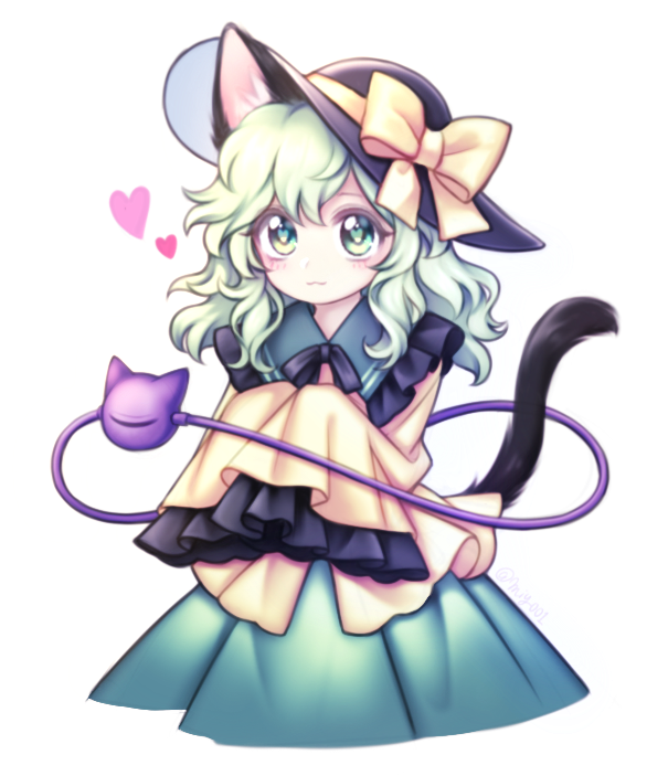 1girl :3 animal_ear_fluff animal_ears bow cat_ears cat_tail commentary frilled_shirt_collar frilled_sleeves frills green_eyes green_hair green_skirt hat hat_bow heart heart-shaped_pupils kemonomimi_mode komeiji_koishi long_hair long_sleeves looking_at_viewer miy_001 shirt simple_background skirt sleeves_past_fingers sleeves_past_wrists smile solo symbol-shaped_pupils tail tilted_headwear touhou wavy_hair white_background wide_sleeves yellow_bow yellow_shirt