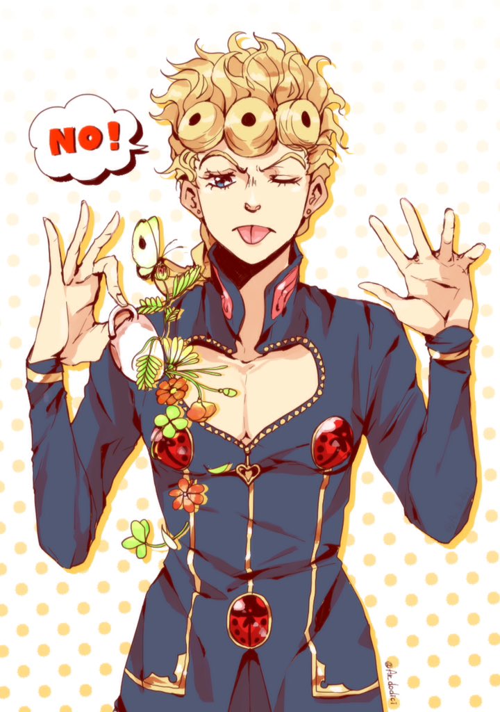 1boy aruti blonde_hair blue_eyes bug butterfly cup earrings flower giorno_giovanna insect jewelry jojo_no_kimyou_na_bouken male_focus one_eye_closed plant polka_dot polka_dot_background solo stud_earrings teacup tongue tongue_out upper_body vento_aureo