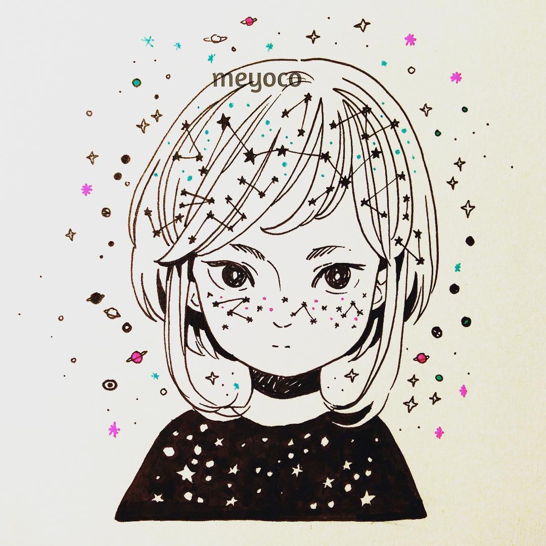 1girl artist_name bangs black_eyes constellation freckles looking_at_viewer meyoco original planet portrait saturn short_hair solo spot_color swept_bangs traditional_media white_background white_hair