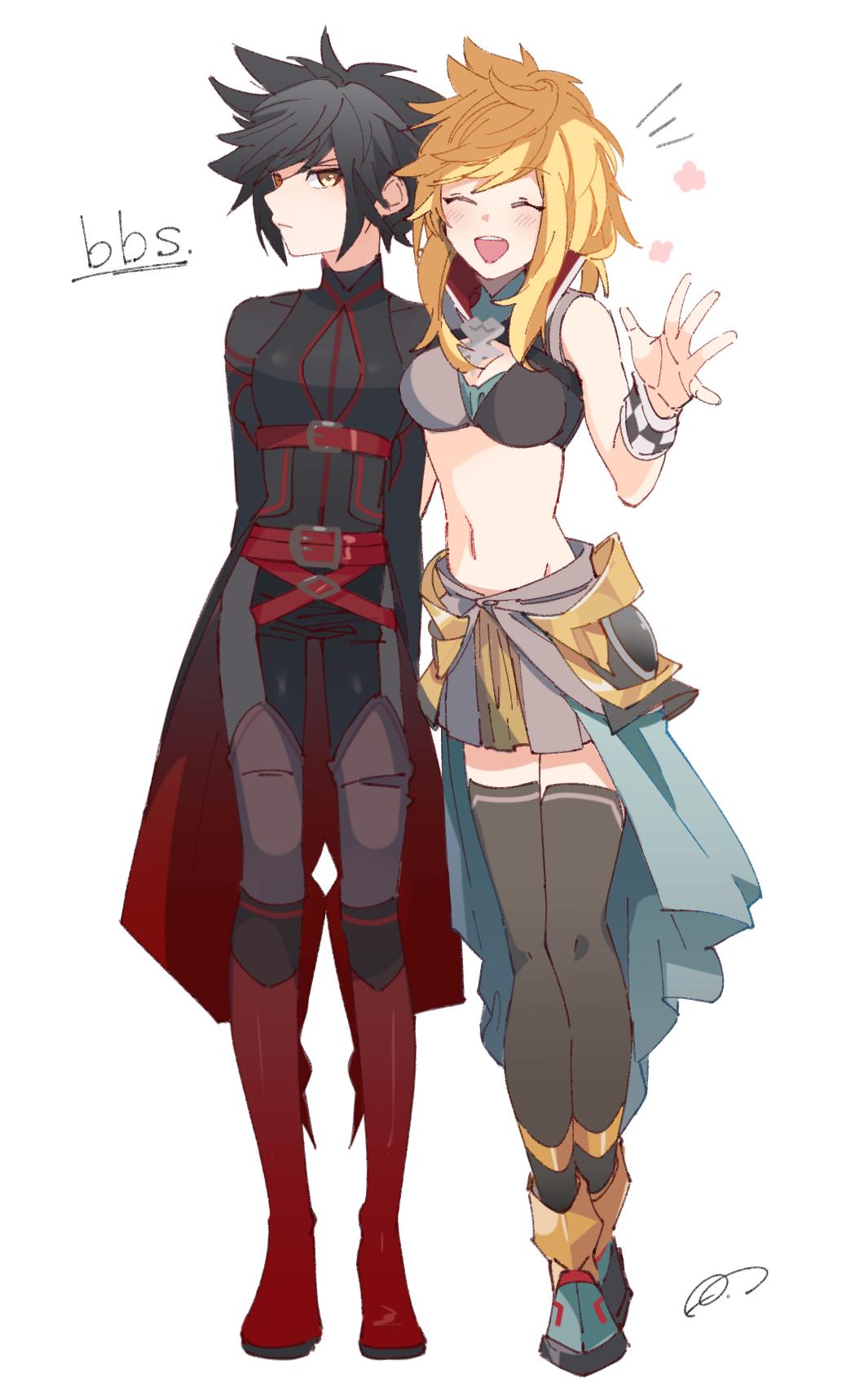 2girls :d ^_^ bare_shoulders belt belt_buckle black_hair black_legwear blonde_hair blush breasts buckle checkered cleavage closed_eyes closed_eyes closed_mouth full_body genderswap genderswap_(mtf) grey_skirt highres kingdom_hearts kingdom_hearts_birth_by_sleep legs_apart legs_together long_hair medium_breasts miniskirt motu0505 multiple_girls navel open_mouth overskirt red_belt short_hair signature simple_background skirt smile spiky_hair standing teeth thigh-highs vanitas ventus white_background wristband yellow_eyes zettai_ryouiki