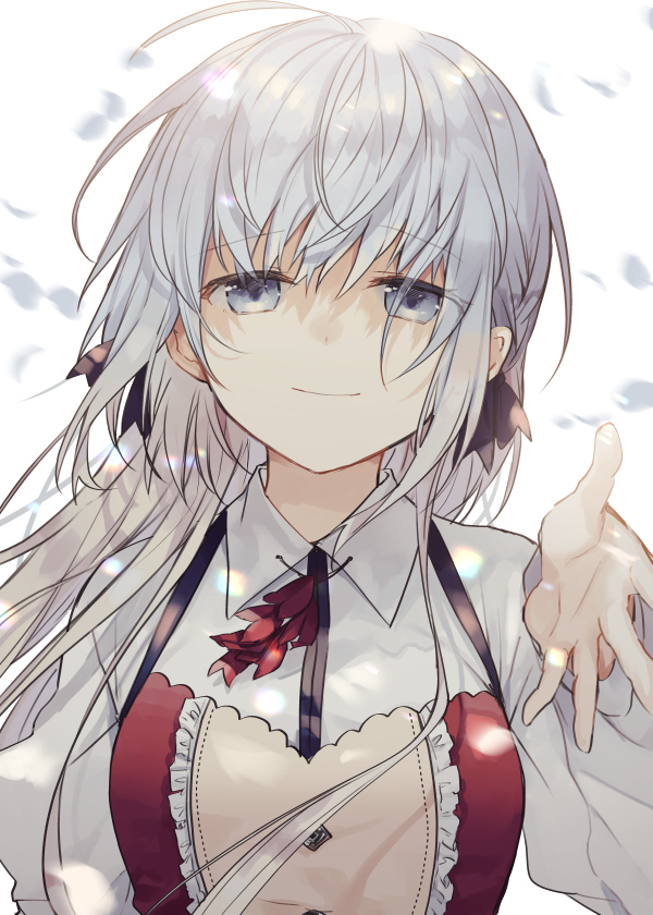 1girl ahoge bangs breasts character_request closed_mouth collared_shirt commentary_request eyebrows_visible_through_hair grey_eyes hair_between_eyes hand_up head_tilt kazutake_hazano long_hair long_sleeves looking_at_viewer medium_breasts petals shiro_seijo_to_kuro_bokushi shirt silver_hair smile solo upper_body white_background white_shirt