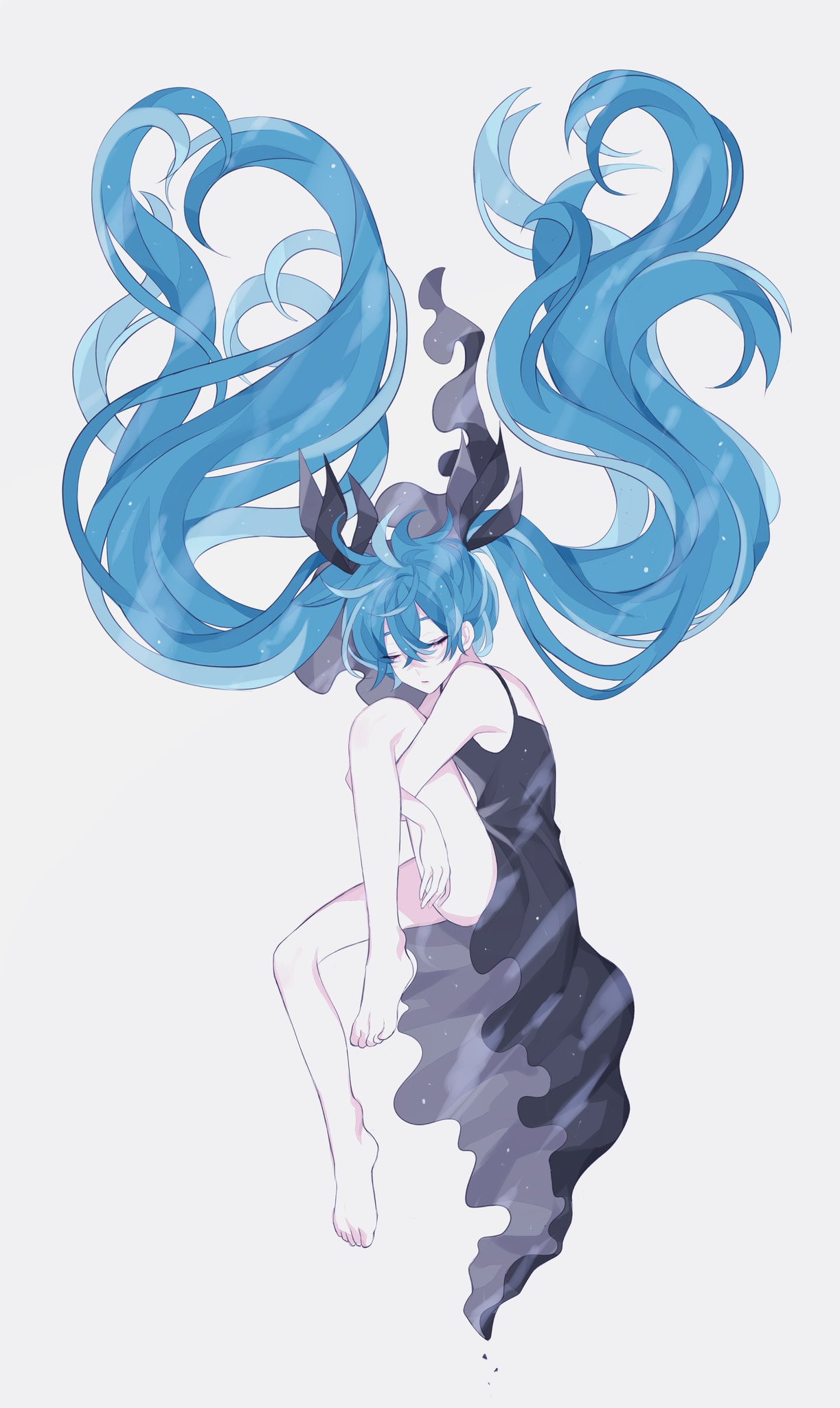 1girl bakku_(fspz4427) bare_arms bare_shoulders barefoot black_dress black_ribbon blue_hair closed_eyes curly_hair dress expressionless floating_hair full_body grey_background hatsune_miku highres long_dress long_hair ribbon ribbon_hair shinkai_shoujo_(vocaloid) simple_background sleeveless sleeveless_dress solo twintails very_long_hair vocaloid