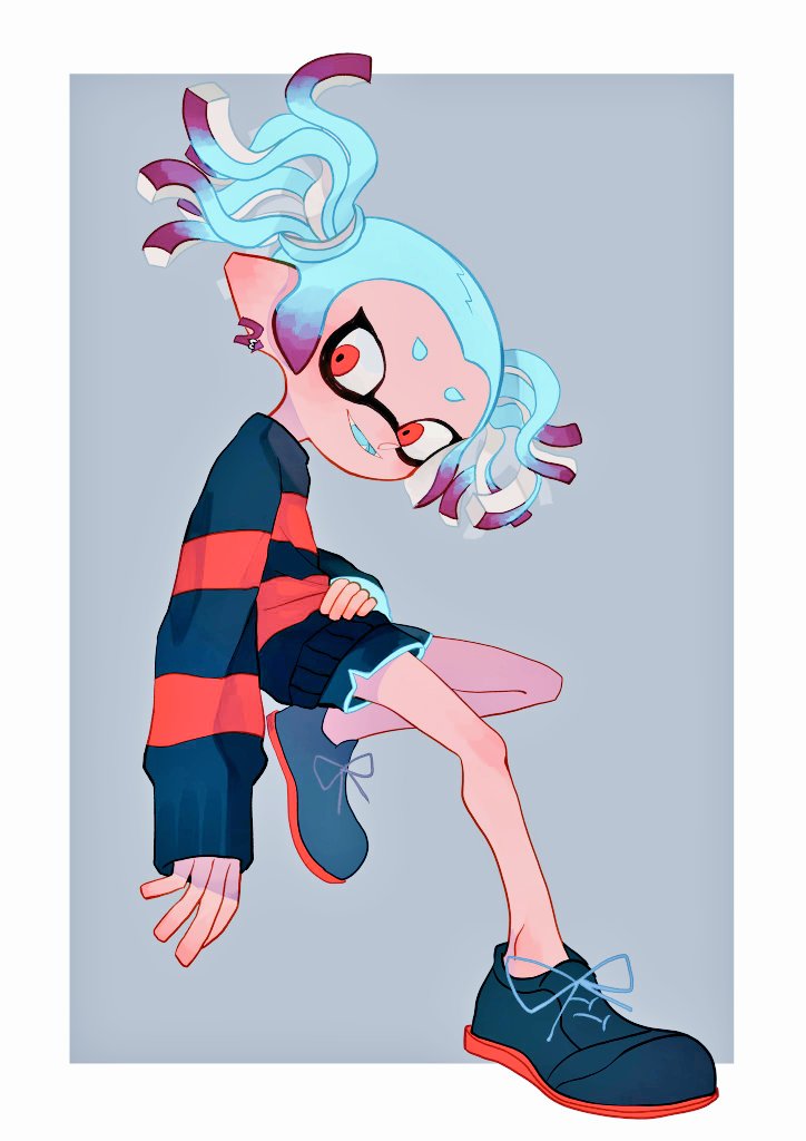 1girl blue_hair domino_mask fangs grey_background grin inkling jirou_(sdogowikqq3yxwa) mask multicolored_hair red_eyes smile splatoon splatoon_(manga) splatoon_(series) splatoon_2 sweater twintails x-blood