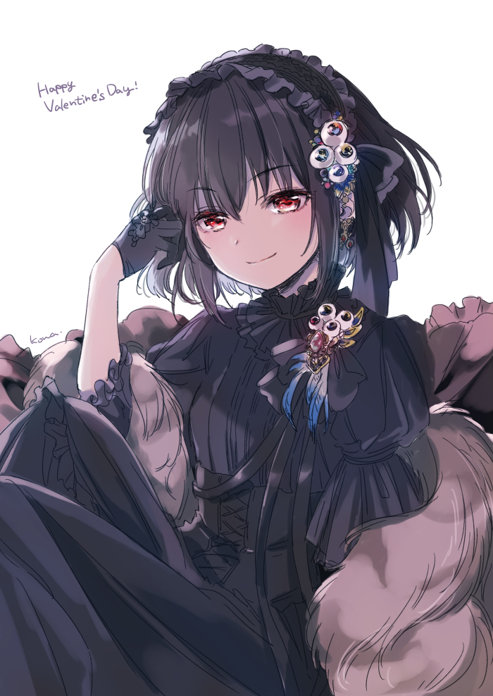 1girl b.a.d. bangs black_dress black_gloves black_hair black_hairband blush brown_eyes closed_mouth commentary_request dress eyebrows_visible_through_hair frilled_hairband frills gloves hair_between_eyes hairband half_gloves hand_up happy_valentine head_tilt konayama_kata looking_at_viewer mayuzumi_azaka puffy_sleeves simple_background sitting smile solo white_background