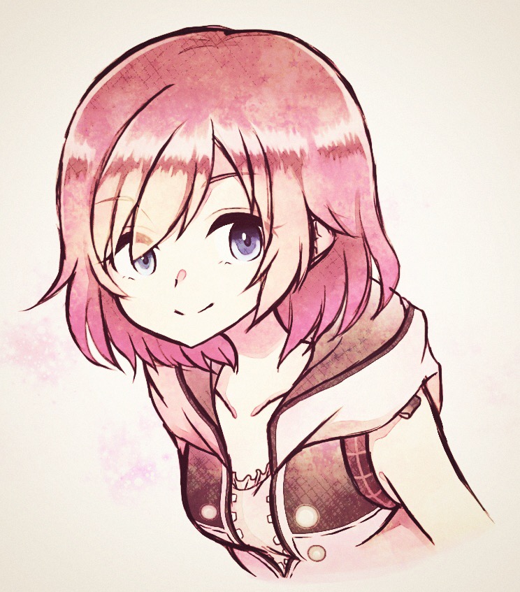 1girl bangs buttons closed_mouth collarbone eyebrows_visible_through_hair eyes_visible_through_hair hood hood_down kairi_(kingdom_hearts) kingdom_hearts kingdom_hearts_iii lavender_eyes pink_hair short_hair sleeveless smile solo totoma upper_body zipper